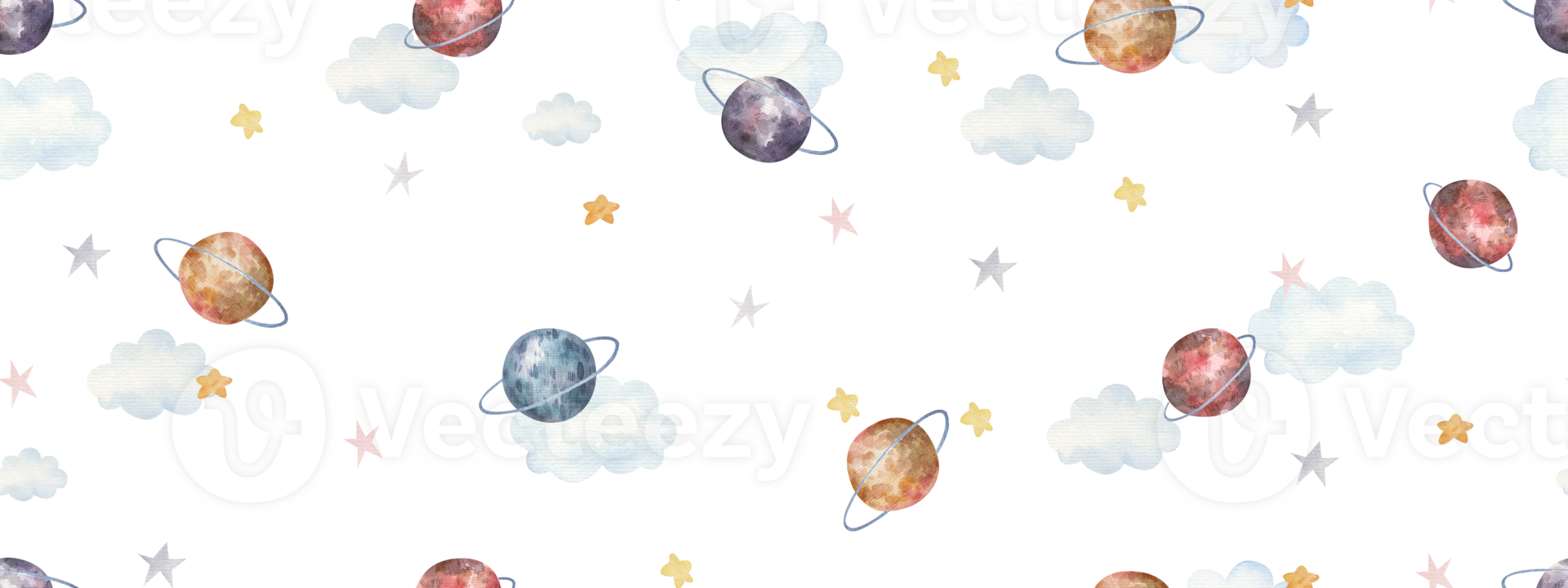 seamless pattern with space, planets, clouds, cute watercolor childrens illustration png