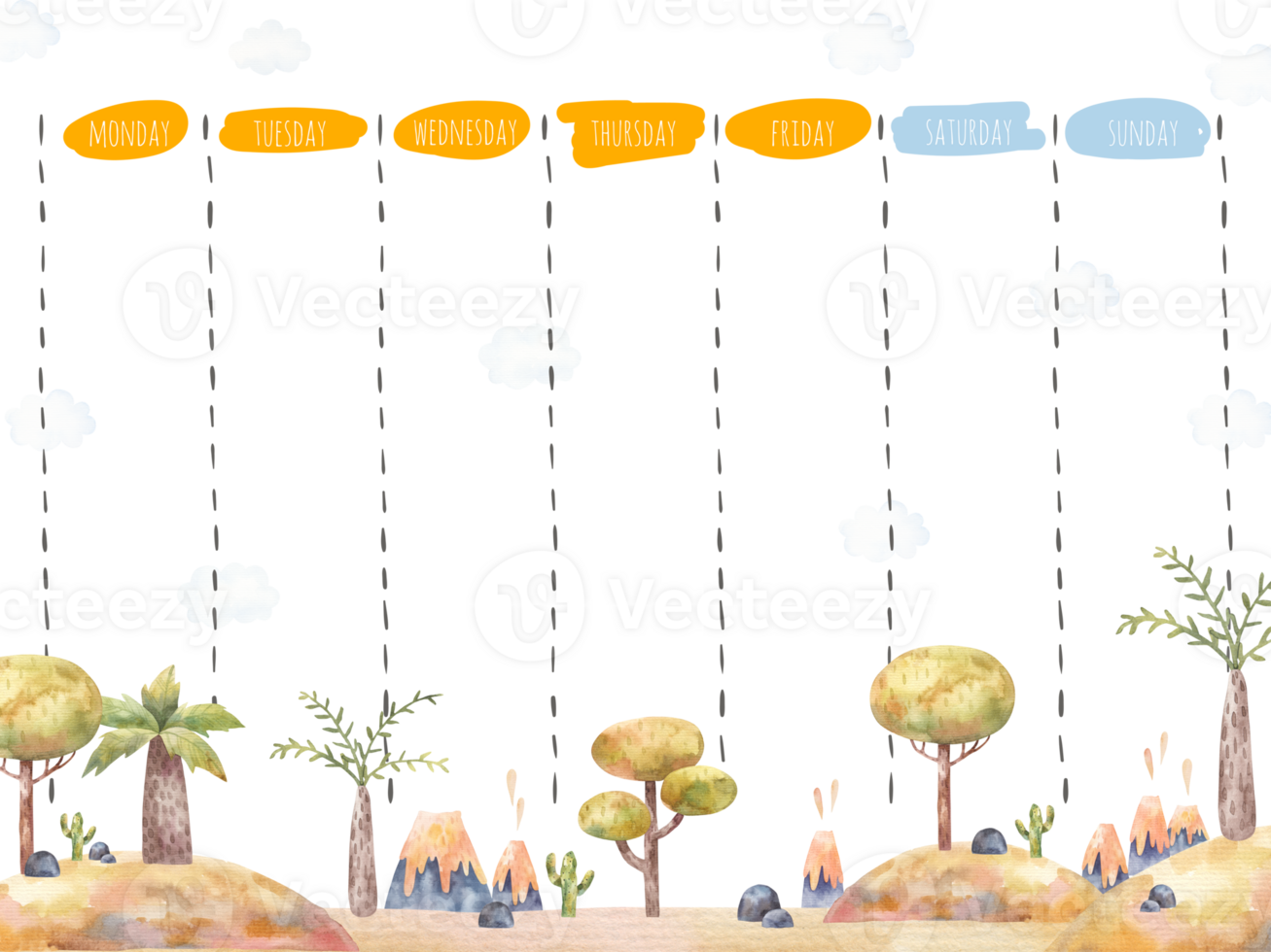 kinderen wekelijks ontwerper met landschap, een rooster voor elementair school, kinderen schema ontwerp sjabloon illustratie png