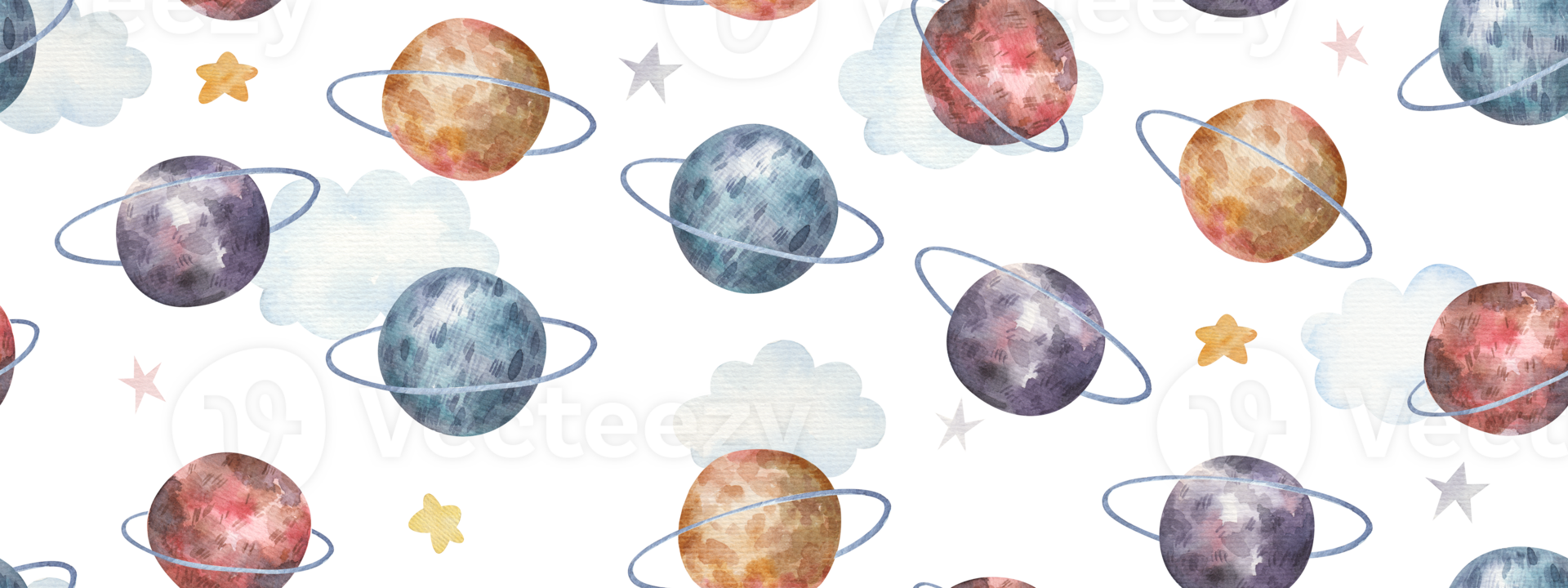 seamless pattern with space, planets, clouds, cute watercolor childrens illustration png