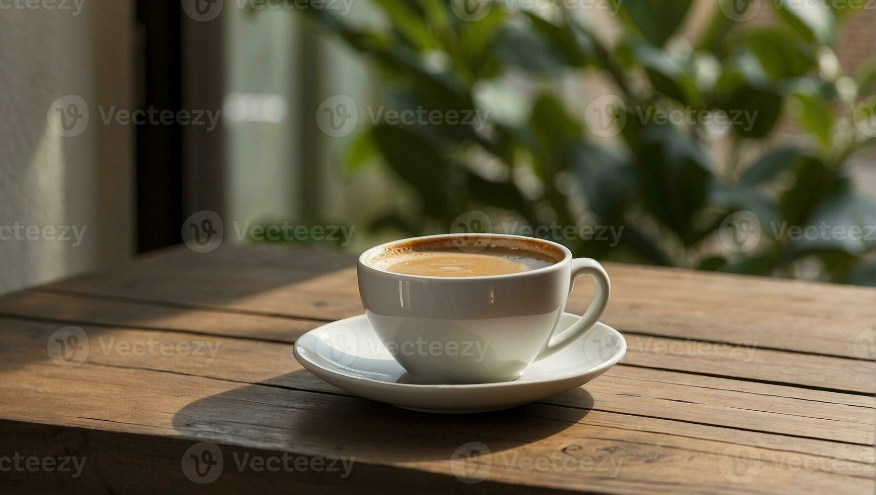 café taza en de madera mesa en café comercio, valores foto ai generar