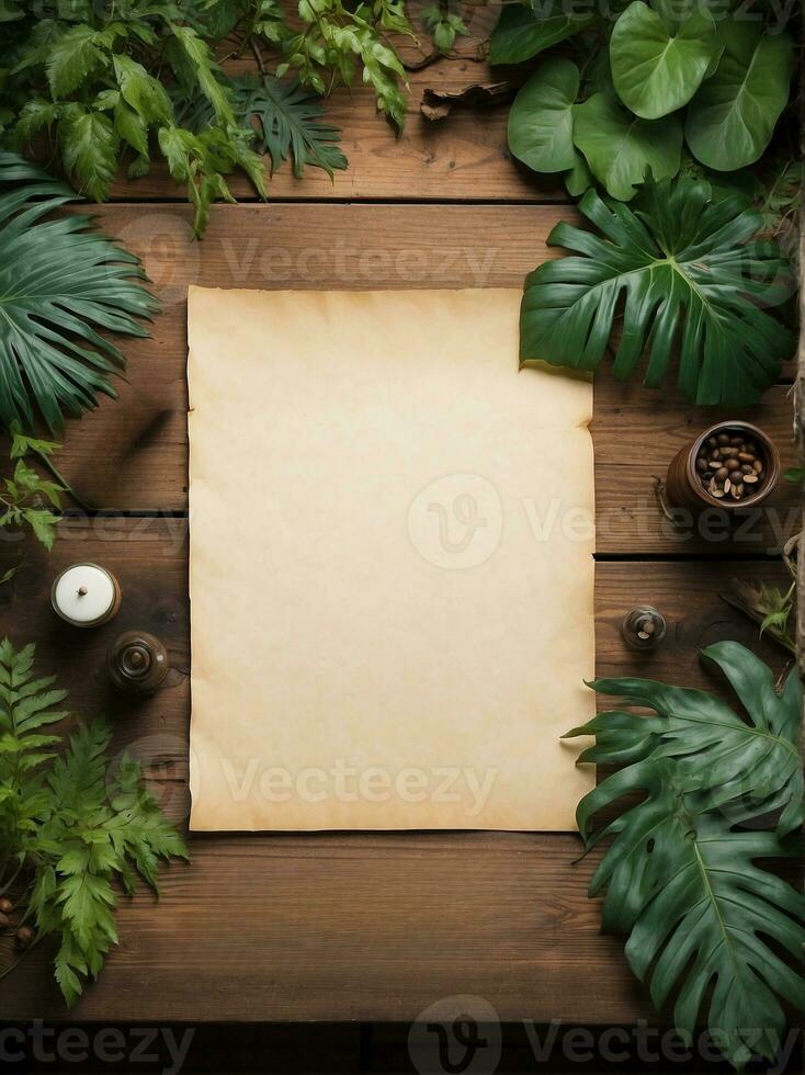 AI generated an old paper with leaves and plants on a wooden table photo