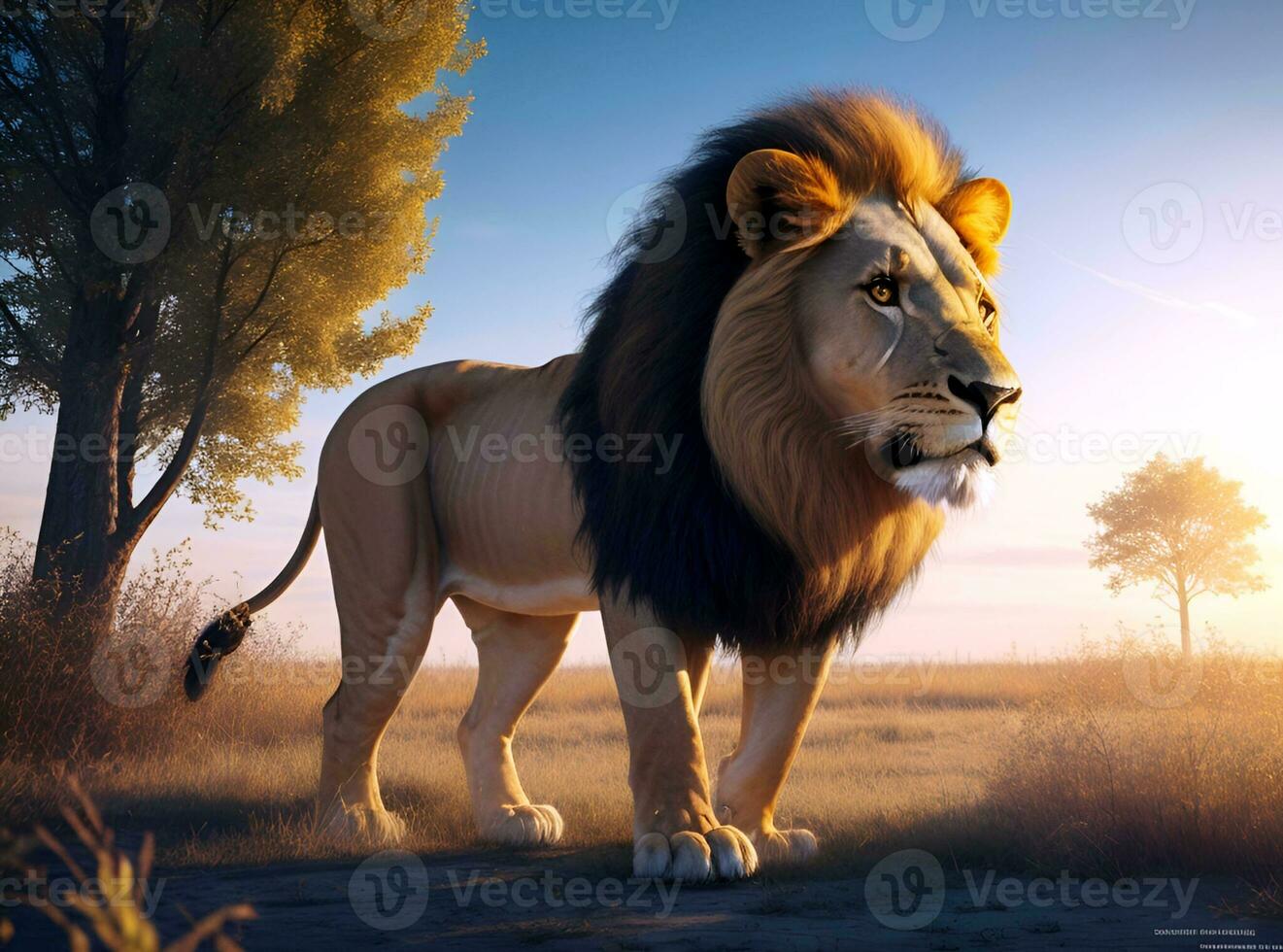 AI generated A lion standing in the grass at sunset photo