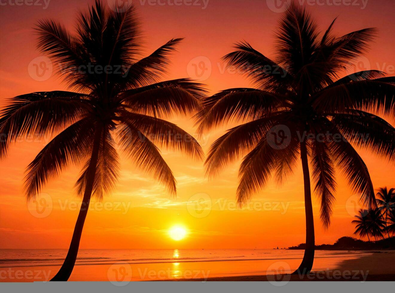 AI generated Two palm trees on the beach at sunset photo