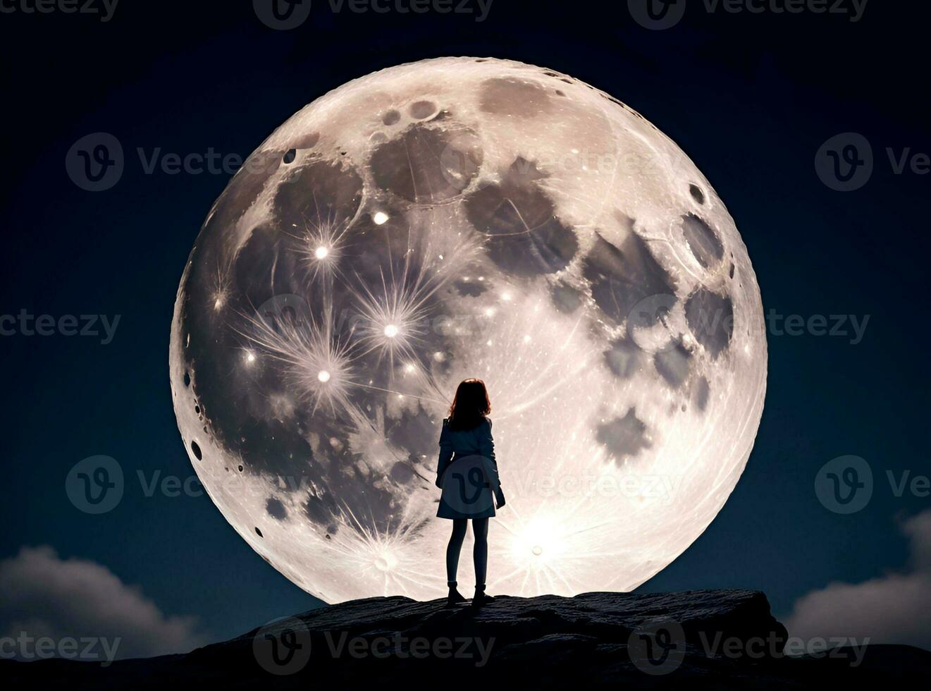 ai generado un niña en pie en un rock mirando a el Luna foto