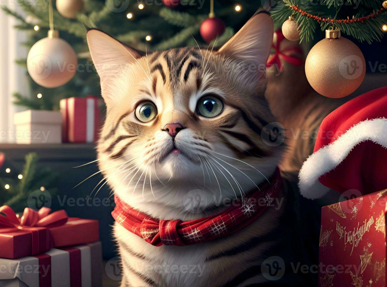 AI generated a cat sitting on a table with presents under the christmas tree photo