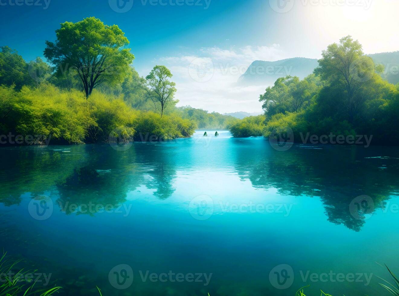 ai generado hermosa paisaje con azul agua y verde arboles foto