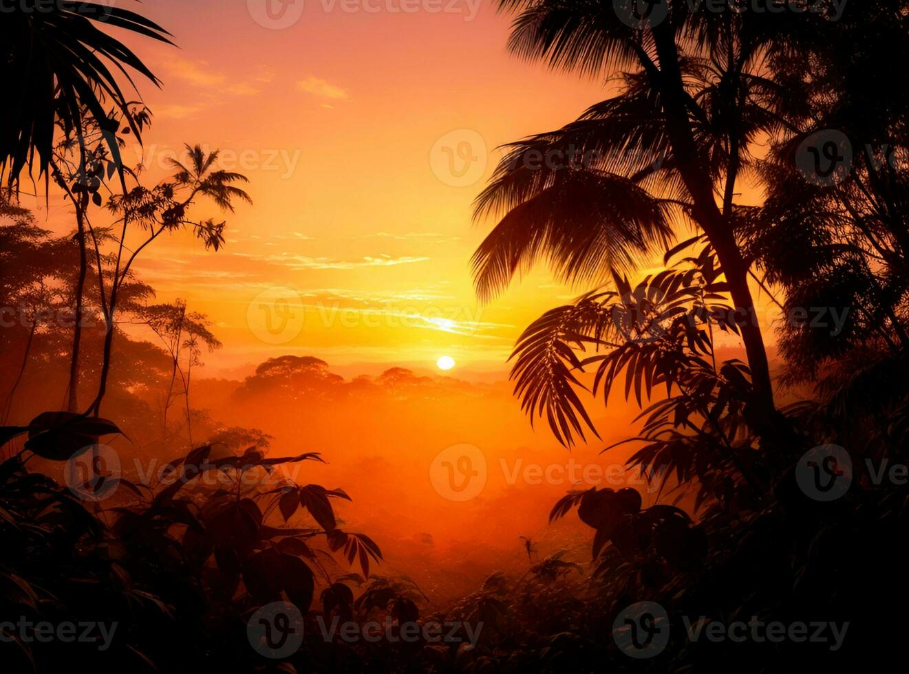 AI generated Beautiful sunrise in the tropical rainforest photo