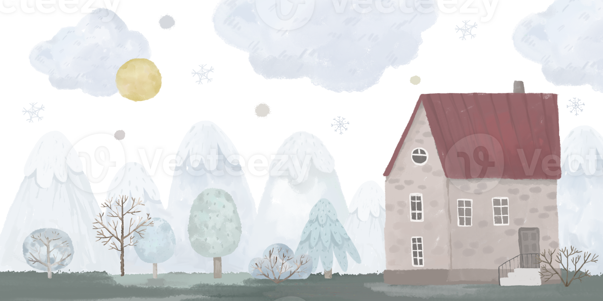 cute landscape with house and mountains with trees, new year and christmas, childrens illustration, stickers, print png