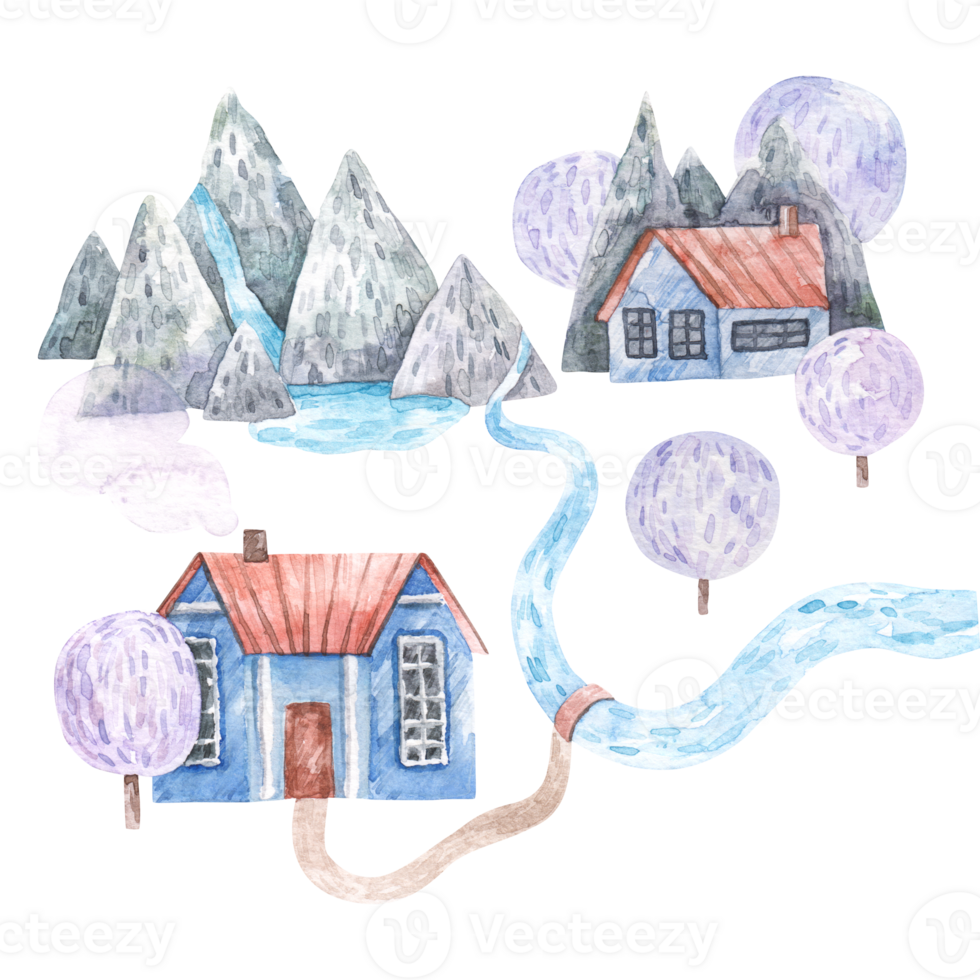 winter landscape with mountains in the snow, trees and blue scandinavian houses with red roofs, lake, cute watercolor childrens illustration on a white background png