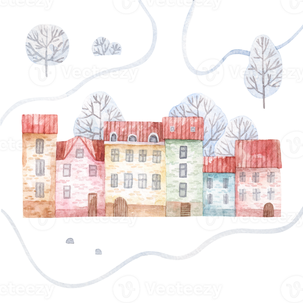 winter landschap met bomen in de sneeuw en gekleurde schattig huizen, schattig waterverf kinderen illustratie Aan wit achtergrond png