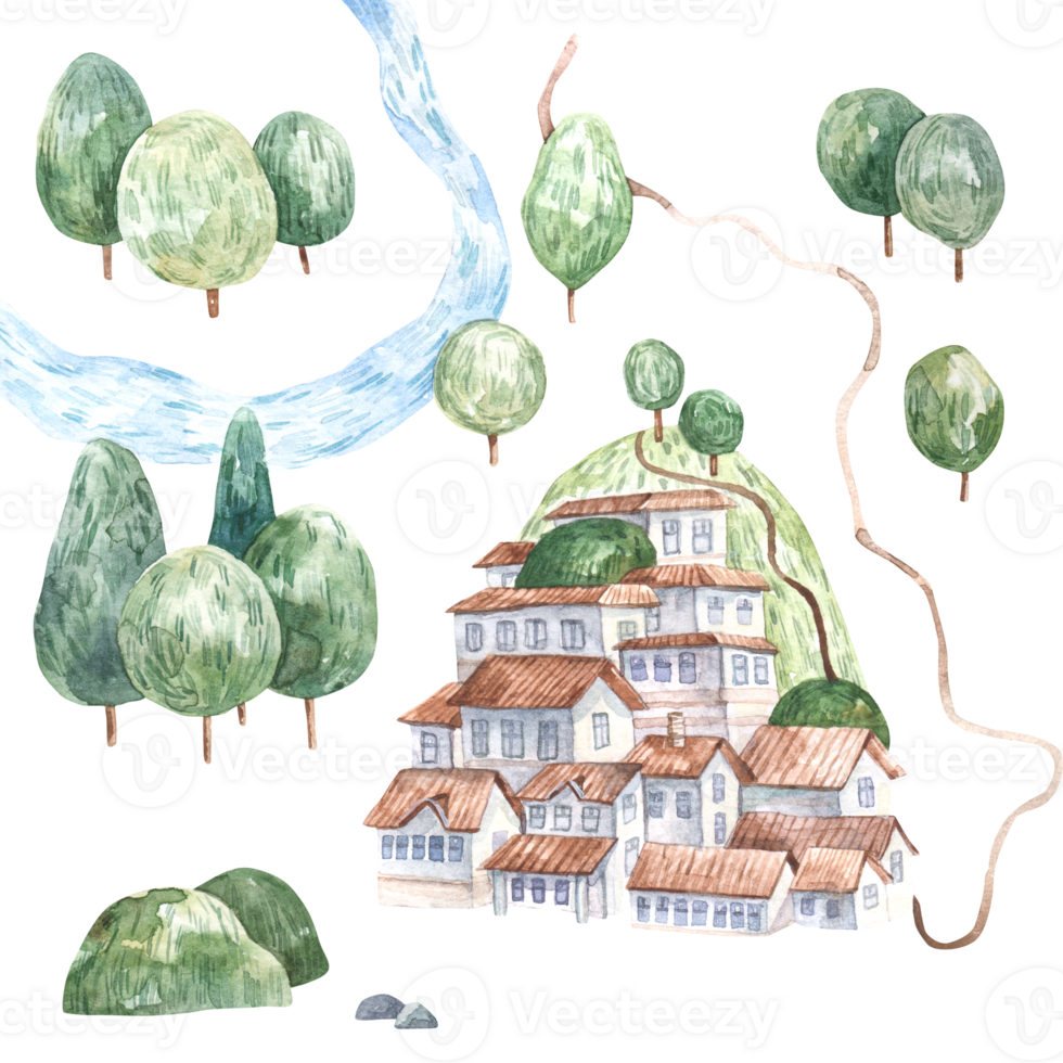 verano paisaje con verde arboles y casas en el montaña, caminos, linda acuarela para niños ilustración en blanco antecedentes png