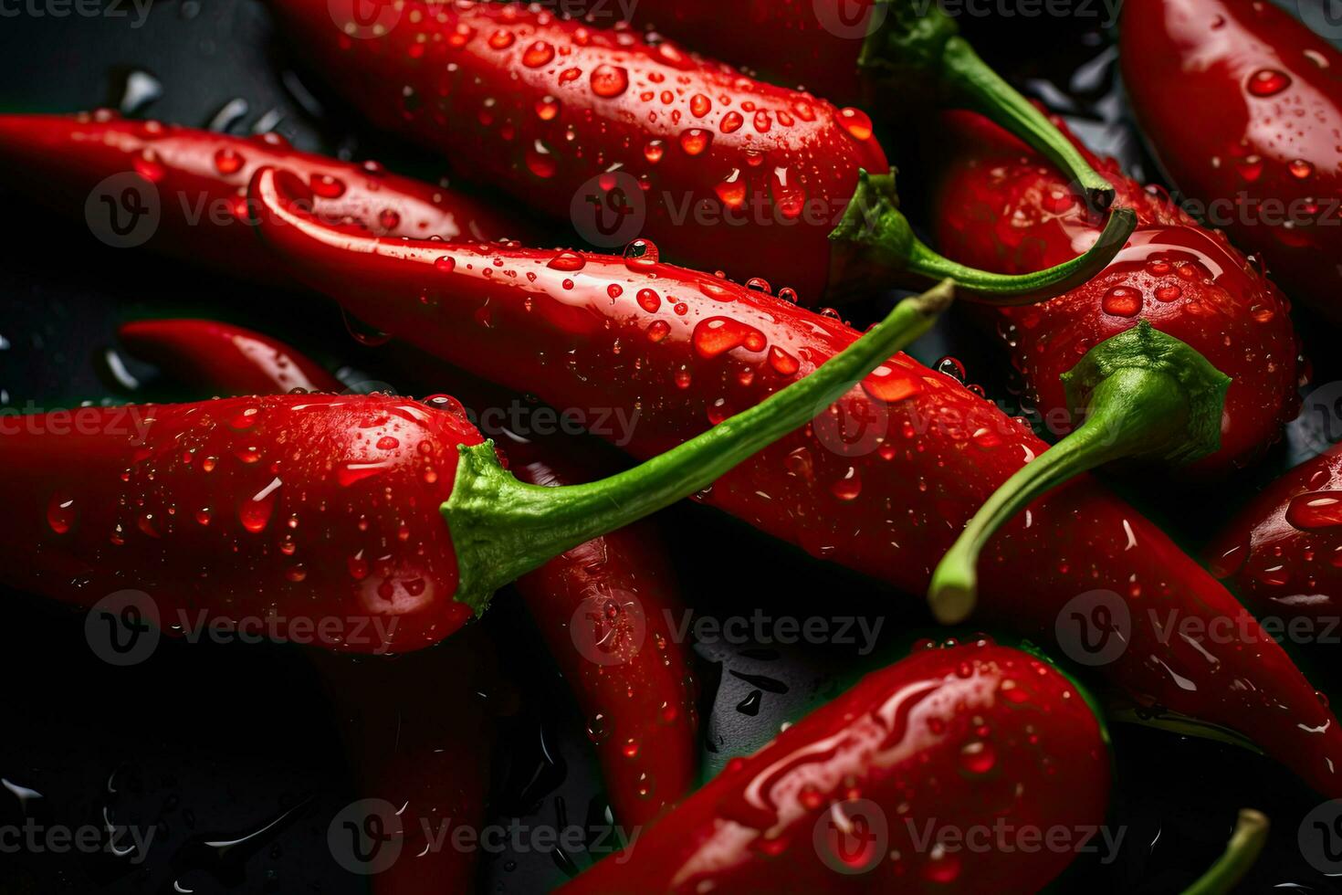 AI generated Fresh red chili with glistening droplets of water viewed from above photo