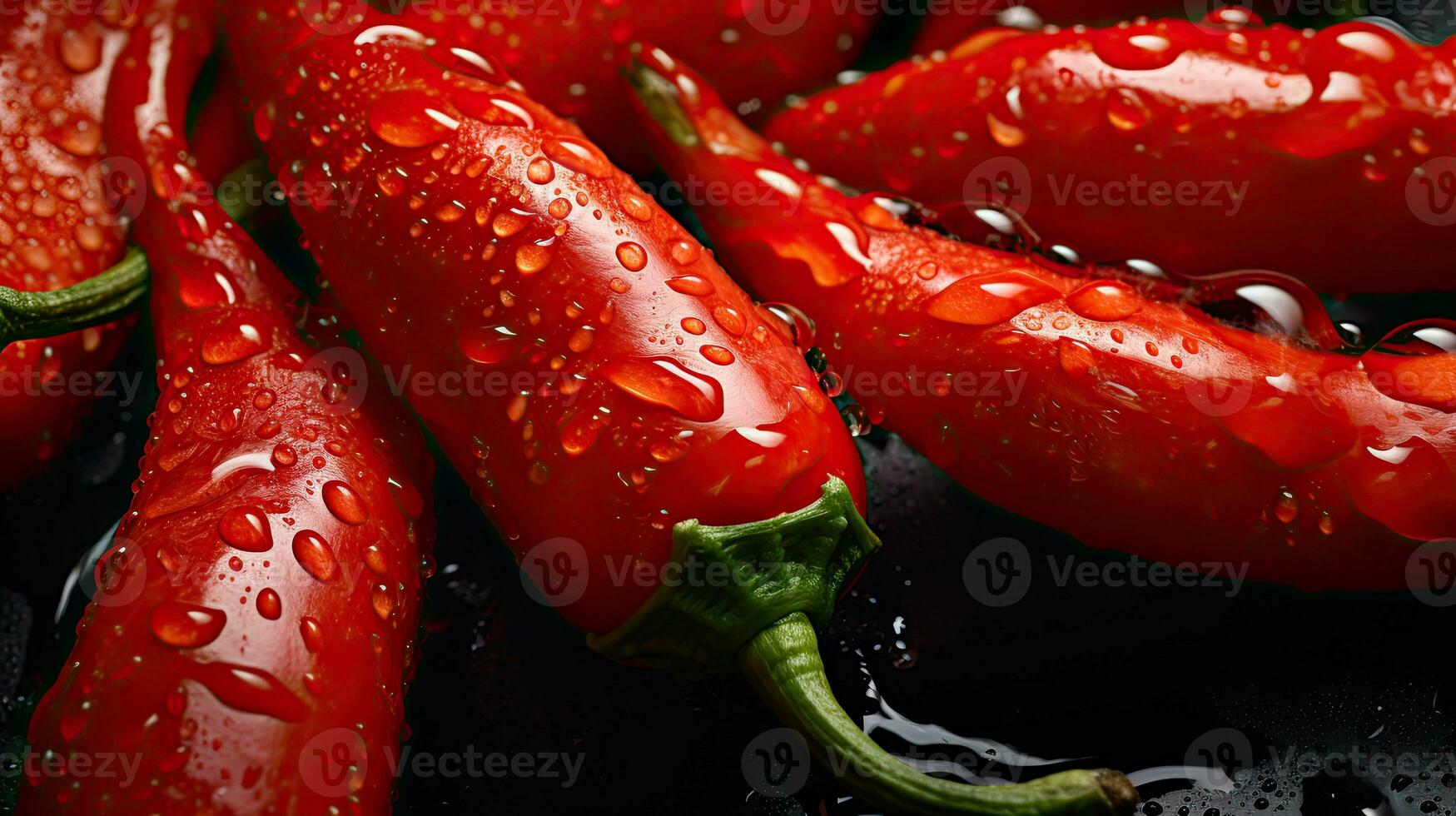 AI generated Fresh red chili with glistening droplets of water viewed from above photo