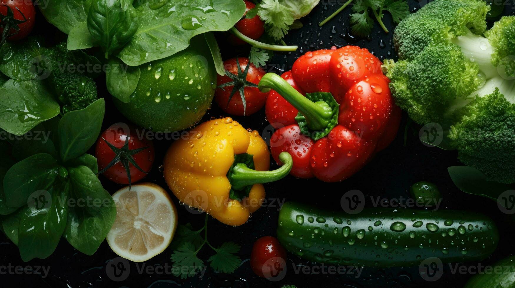 AI generated Fresh vegetables with glistening droplets of water viewed from above photo