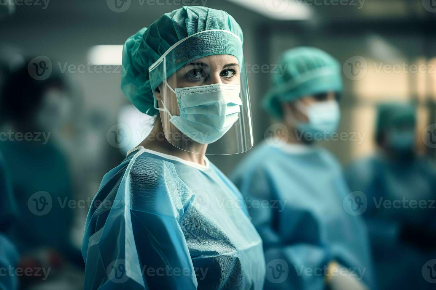 AI generated Doctors and nurses in special equipment wearing doctor clothes. generative ai photo