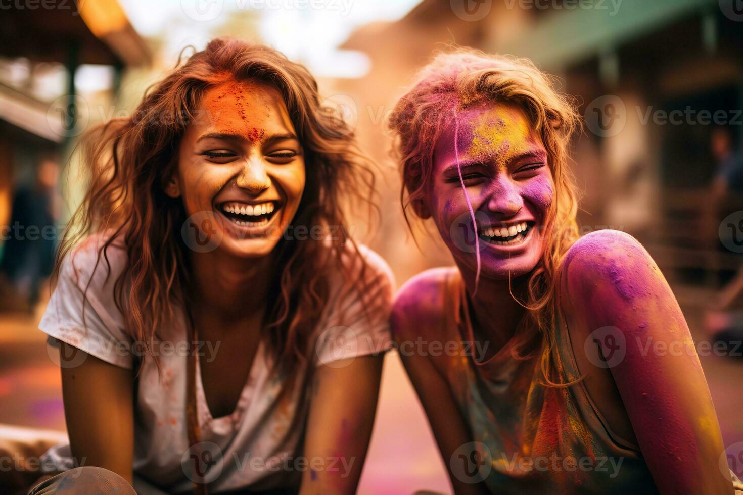 AI generated two young beautiful women are enjoying holi festival together, with paint on their faces, paint on the ground, generative ai photo