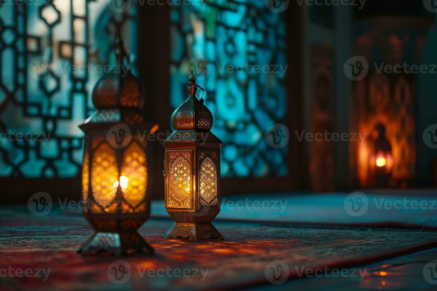 AI generated Ramadan Kareem Arabic lantern with bokeh burning candle glowing at night ai generative photo