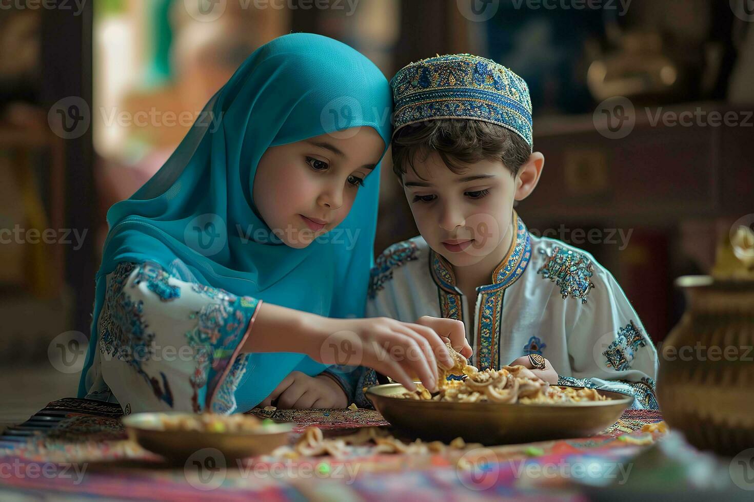 AI generated A young boy and a young woman eating iftar in Arabic clothes during Ramadan ai generative photo