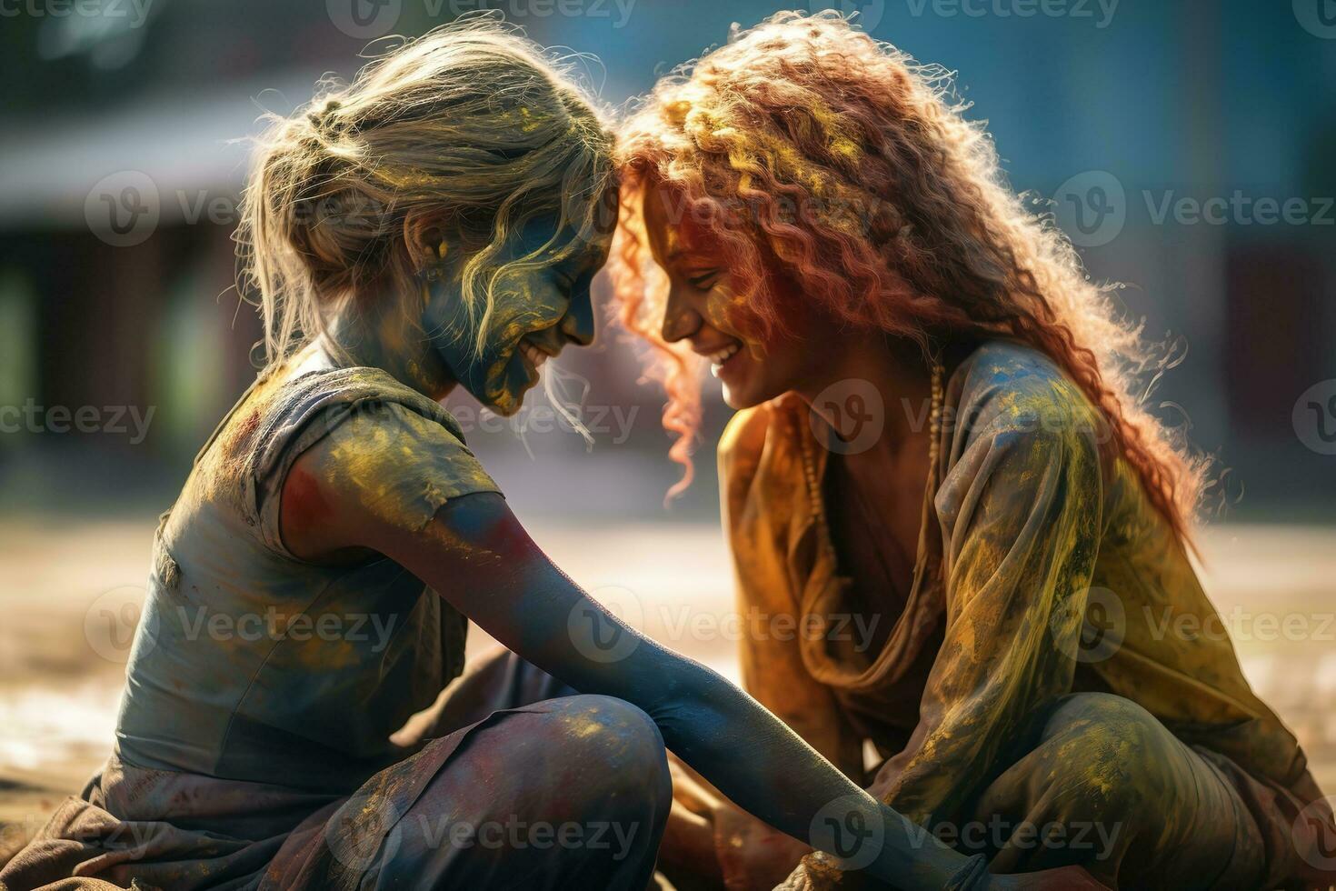 AI generated two young beautiful women are enjoying holi festival together, with paint on their faces, paint on the ground, generative ai photo