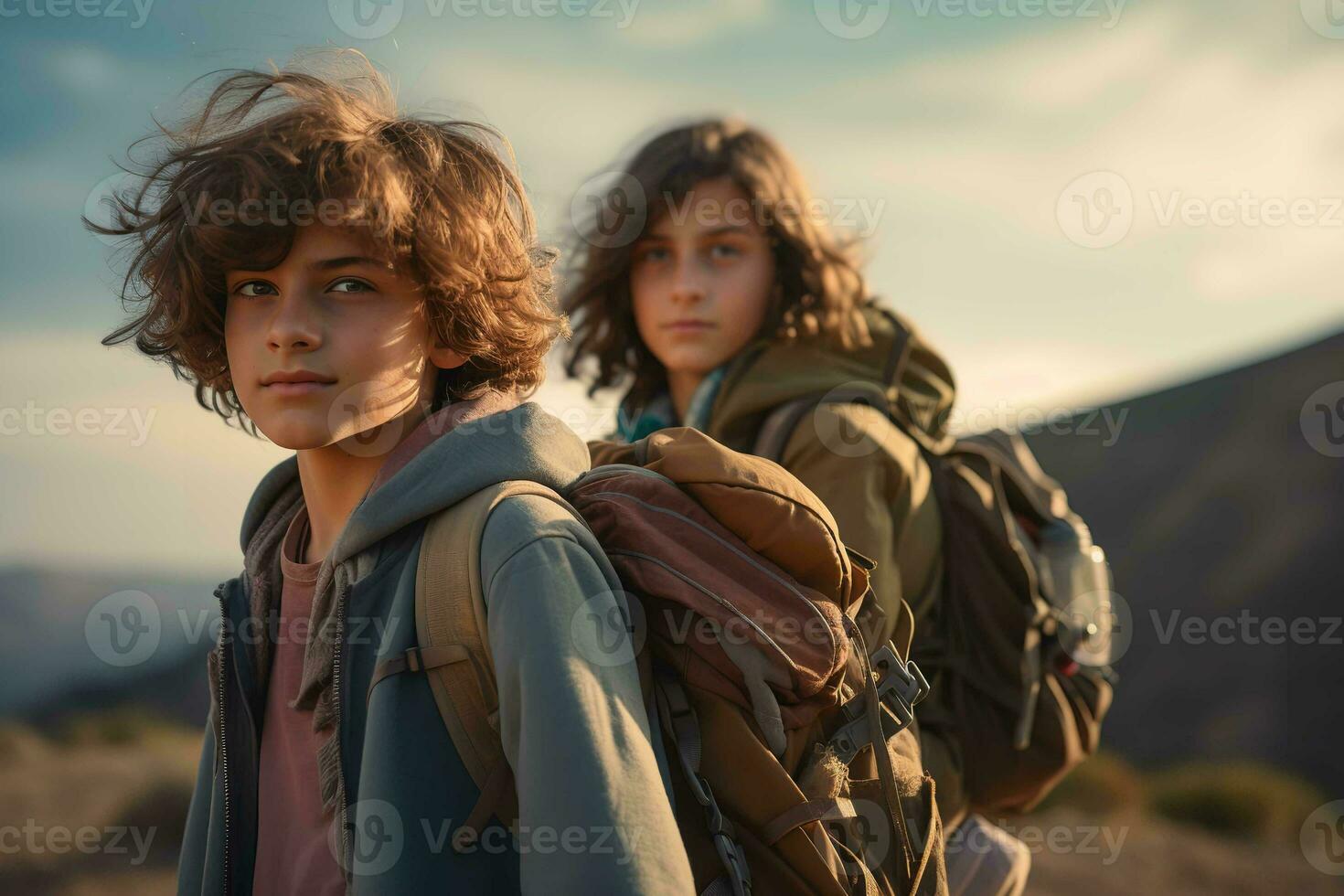AI generated Nature photo shot of two kids walking with backpacks. generative ai
