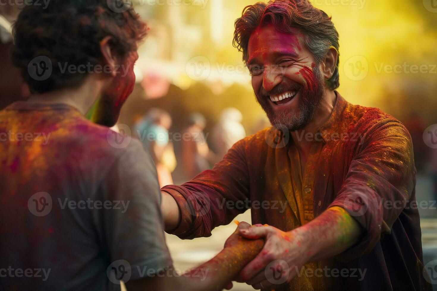 AI generated Smiling man in vibrant Holi festival portrait with colorful powder, generative ai photo