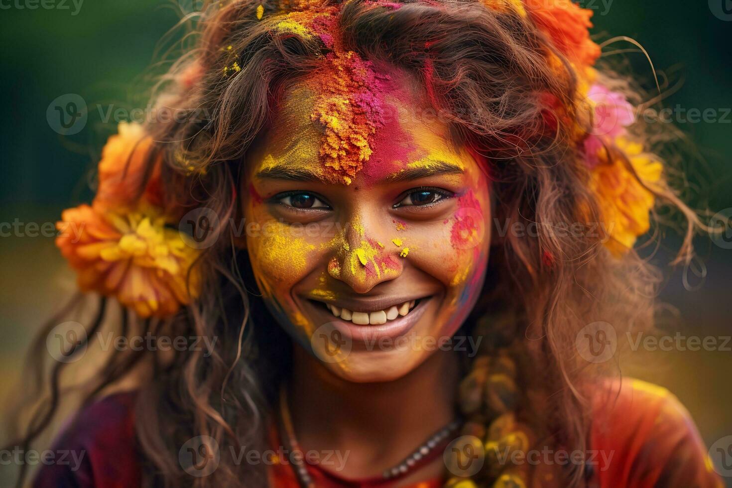 ai generado joven hermosa mujer son disfrutando holi festival juntos, con pintar en su caras, pintar en el suelo, generativo ai foto