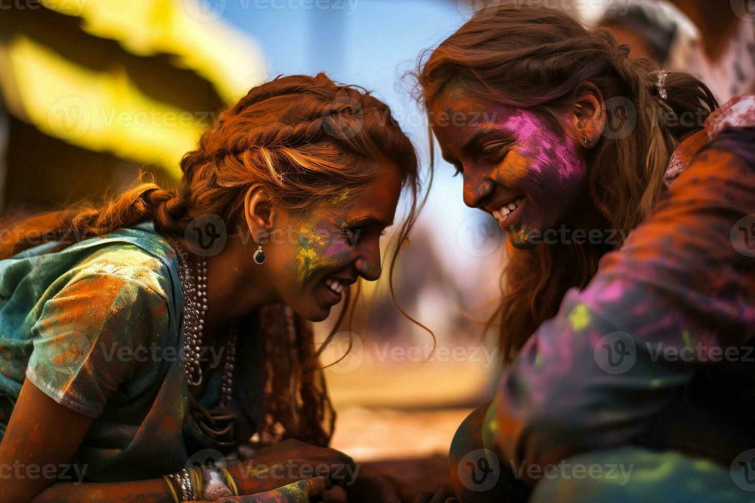 AI generated two young beautiful women are enjoying holi festival together, with paint on their faces, paint on the ground, generative ai photo