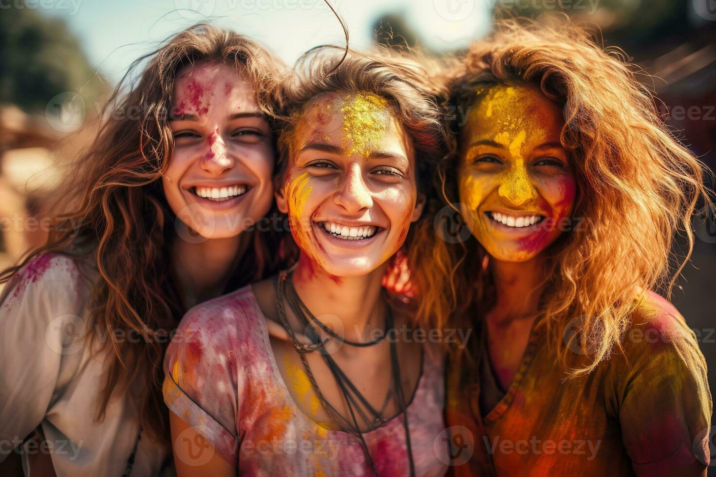 AI generated three young beautiful women are enjoying holi festival together, with paint on their faces, paint on the ground, generative ai photo