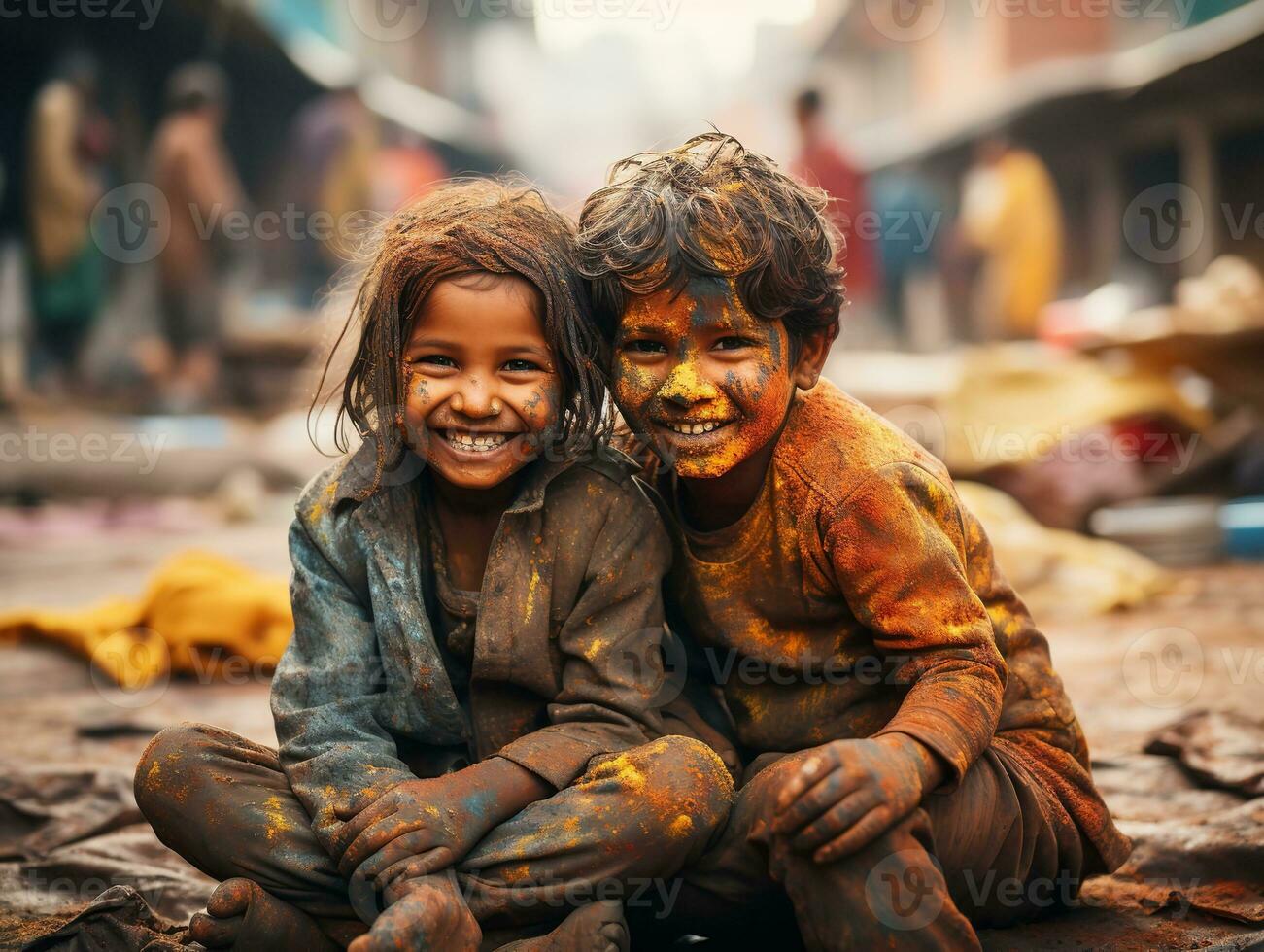 ai generado pequeño niños disfrutando holi festival juntos,, generativo ai foto