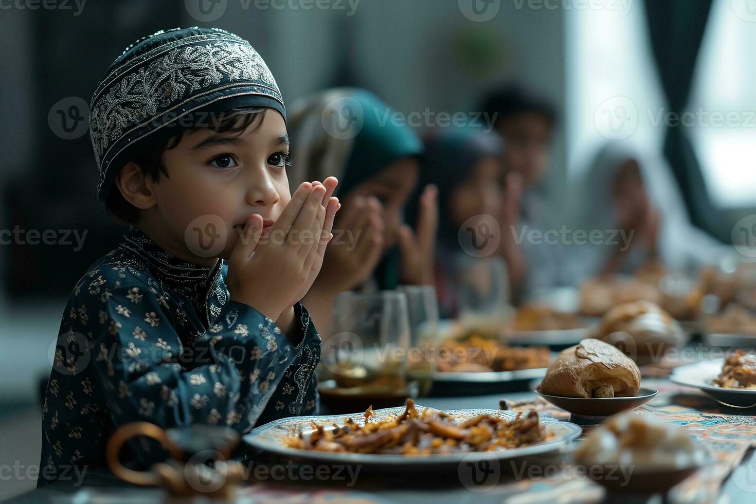 AI generated Muslim children praying while breaking the fast during Ramadan, generative ai photo