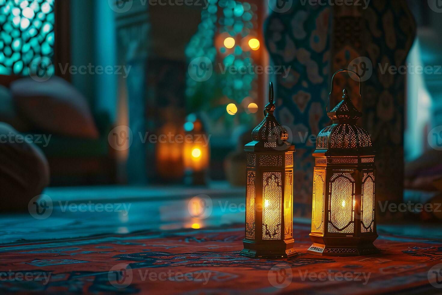 AI generated Ramadan Kareem Arabic lantern with bokeh burning candle glowing at night ai generative photo