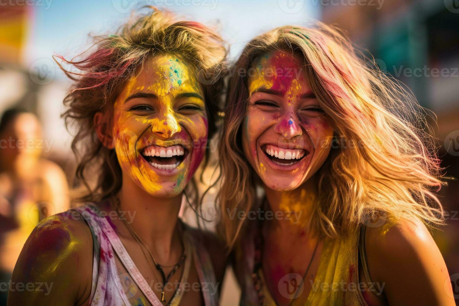 AI generated two young beautiful women are enjoying holi festival together, with paint on their faces, paint on the ground, generative ai photo