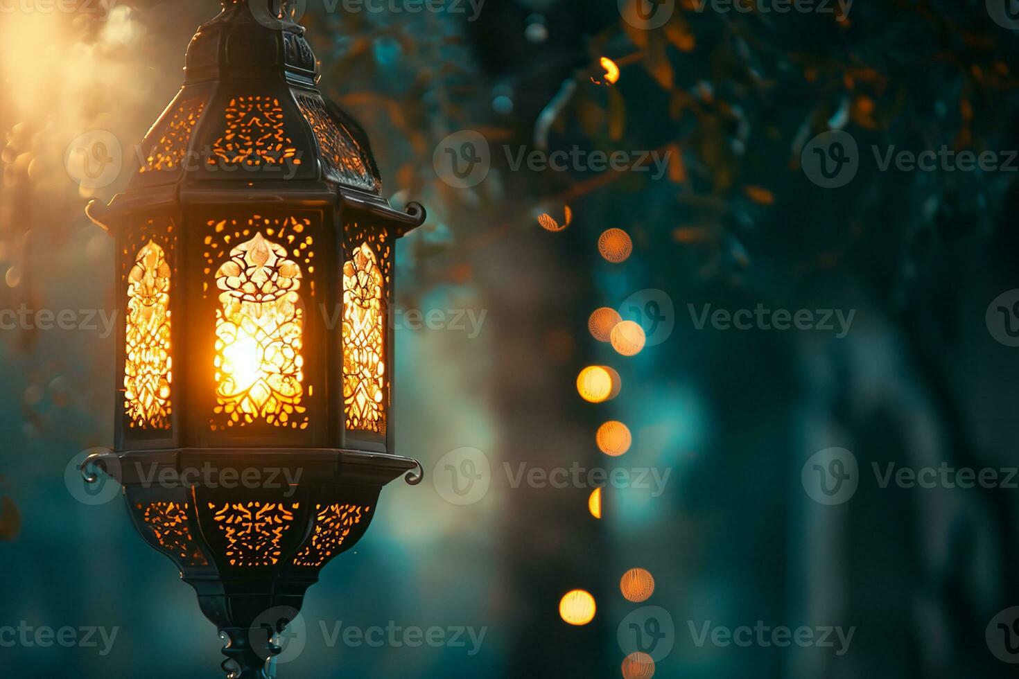 AI generated Ramadan Kareem Arabic lantern with bokeh burning candle glowing at night ai generative photo