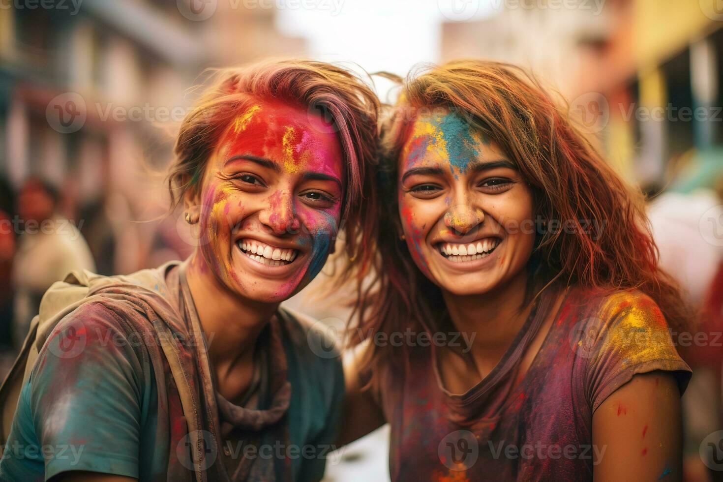 AI generated two young beautiful women are enjoying holi festival together, with paint on their faces, paint on the ground, generative ai photo