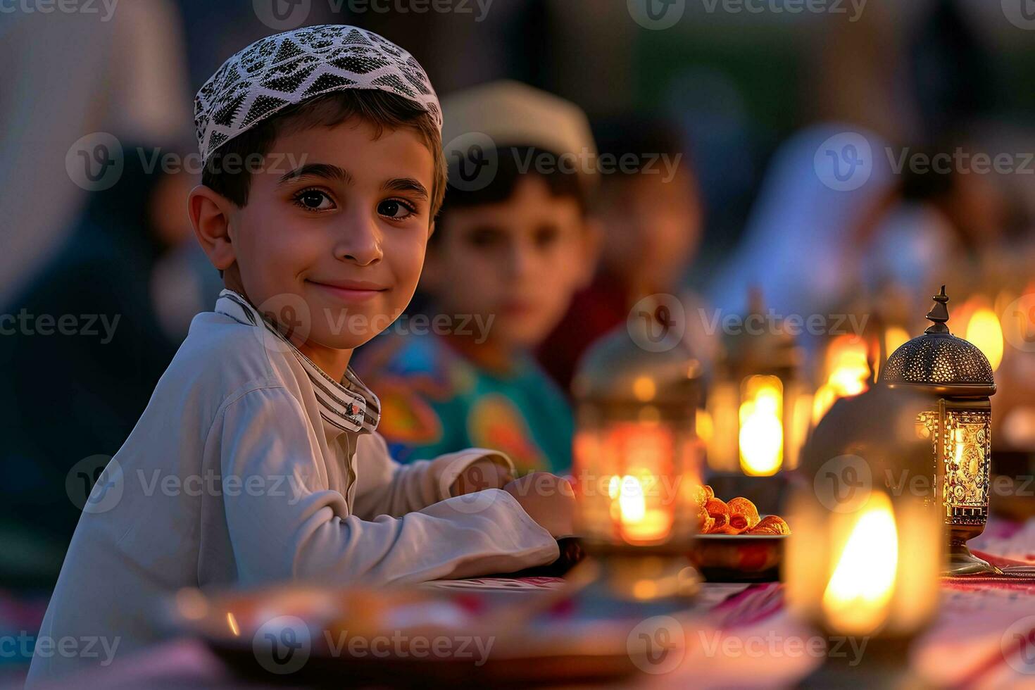 ai generado un joven chico y un joven mujer comiendo iftar en Arábica ropa durante Ramadán ai generativo foto