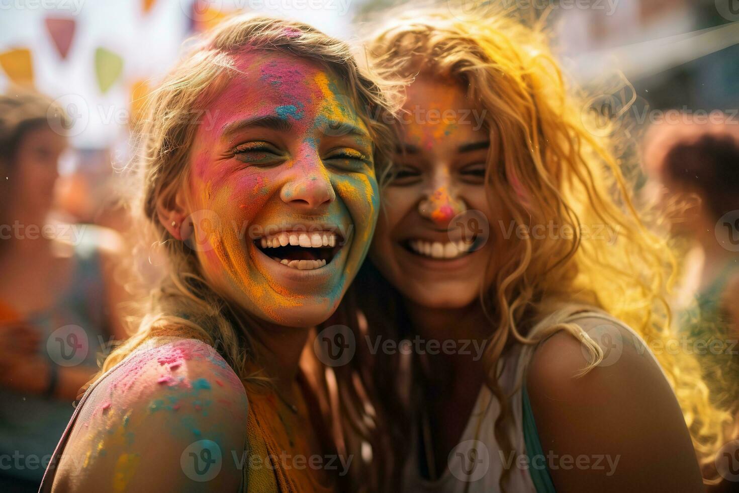 AI generated two young beautiful women are enjoying holi festival together, with paint on their faces, paint on the ground, generative ai photo