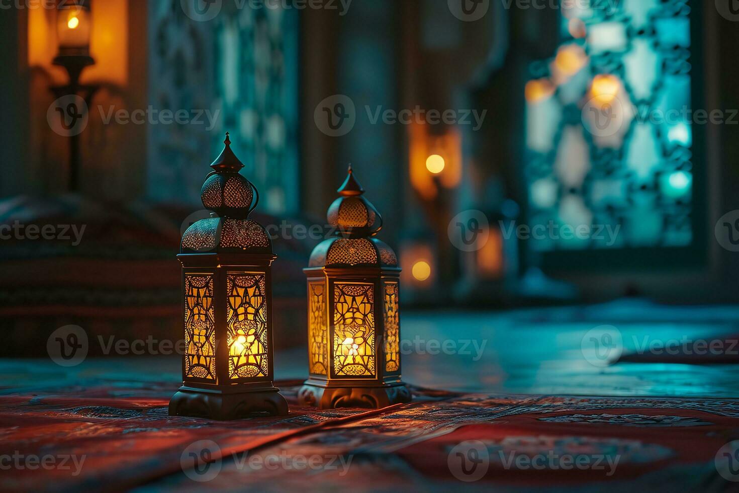 AI generated Ramadan Kareem Arabic lantern with bokeh burning candle glowing at night ai generative photo