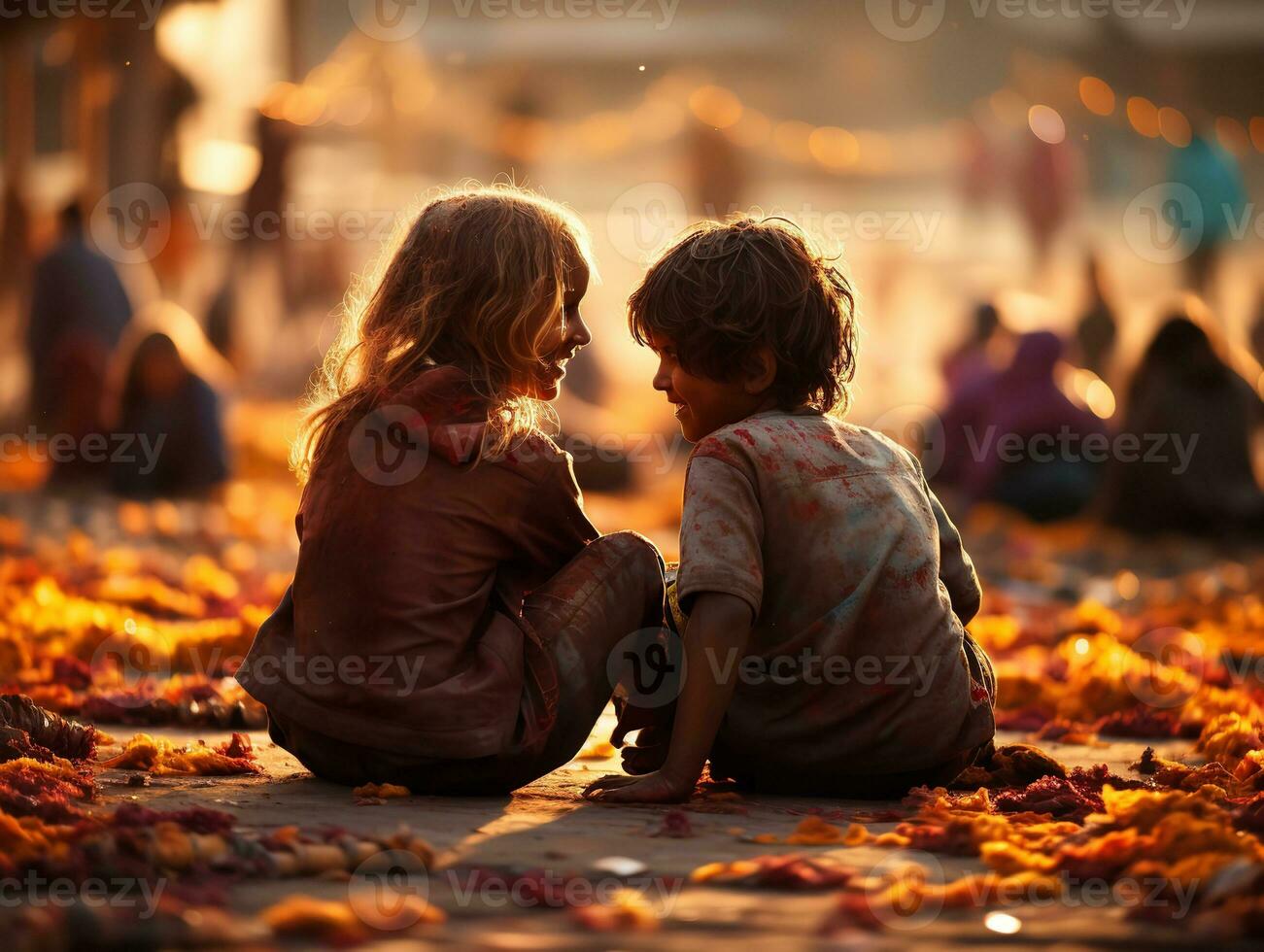 AI generated little kids enjoying Holi festival together,, generative ai photo