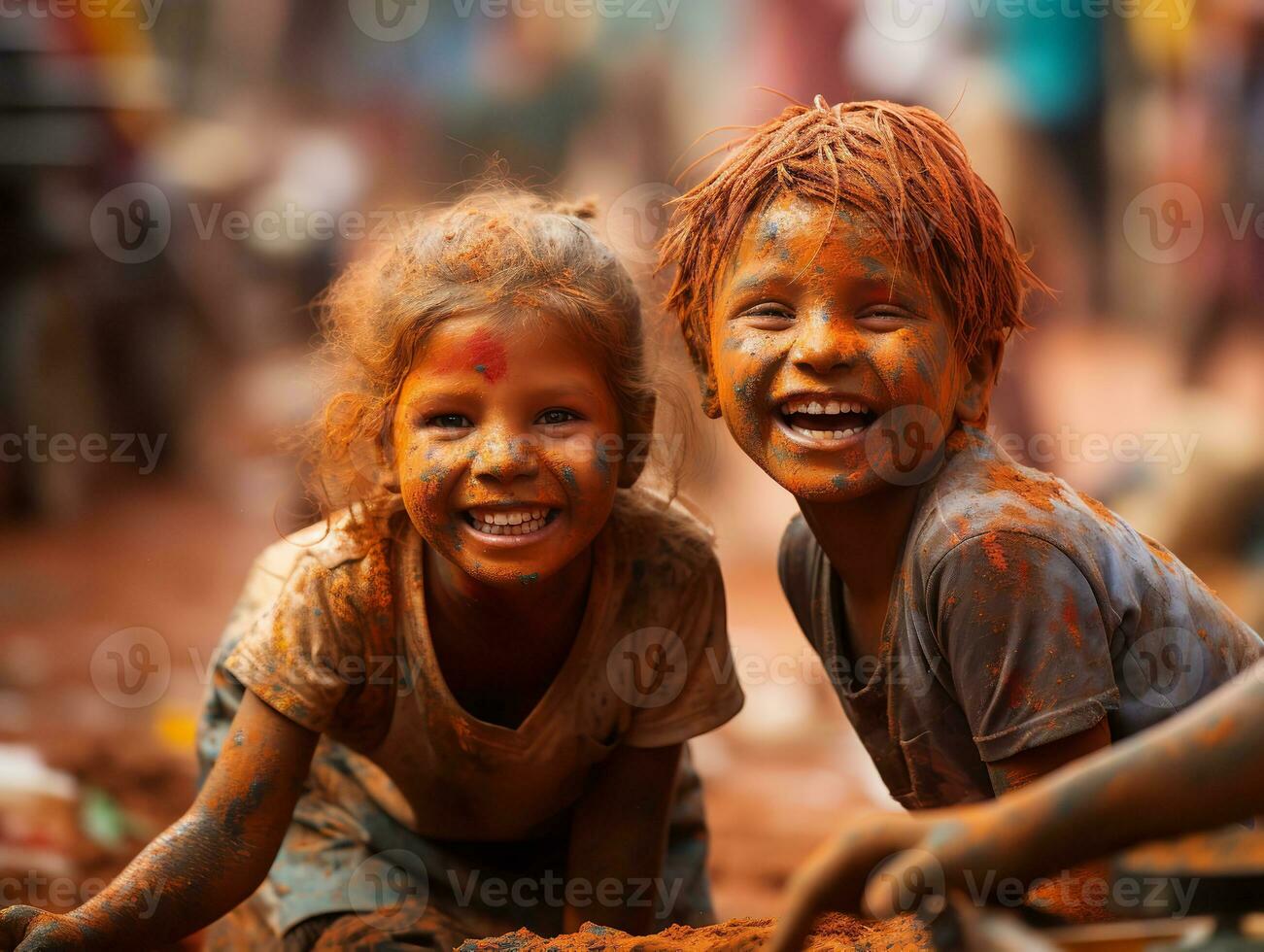 ai generado pequeño niños disfrutando holi festival juntos,, generativo ai foto