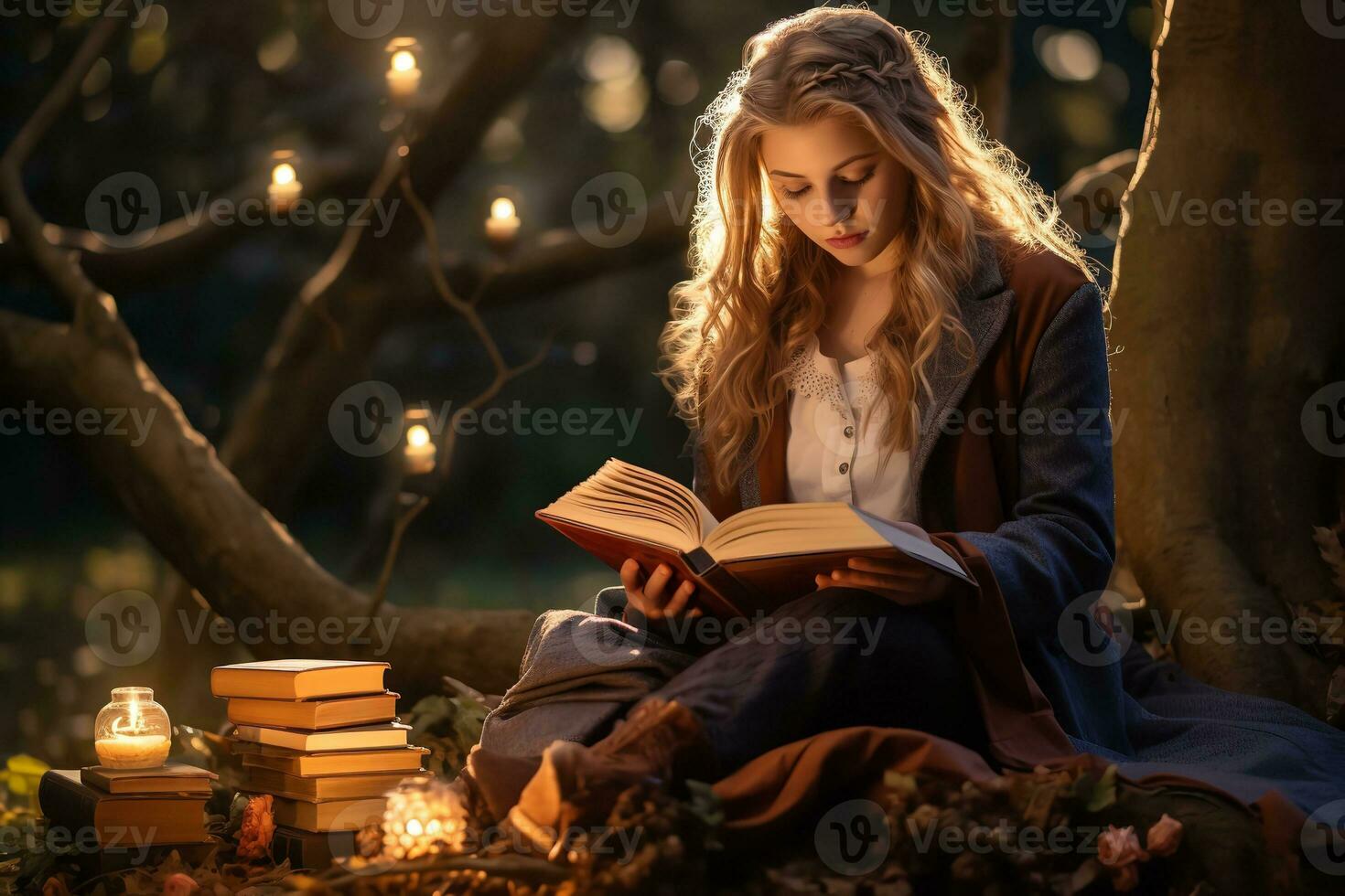 ai generado un mujer sentado en el suelo leyendo un libro en un brillante noche foto