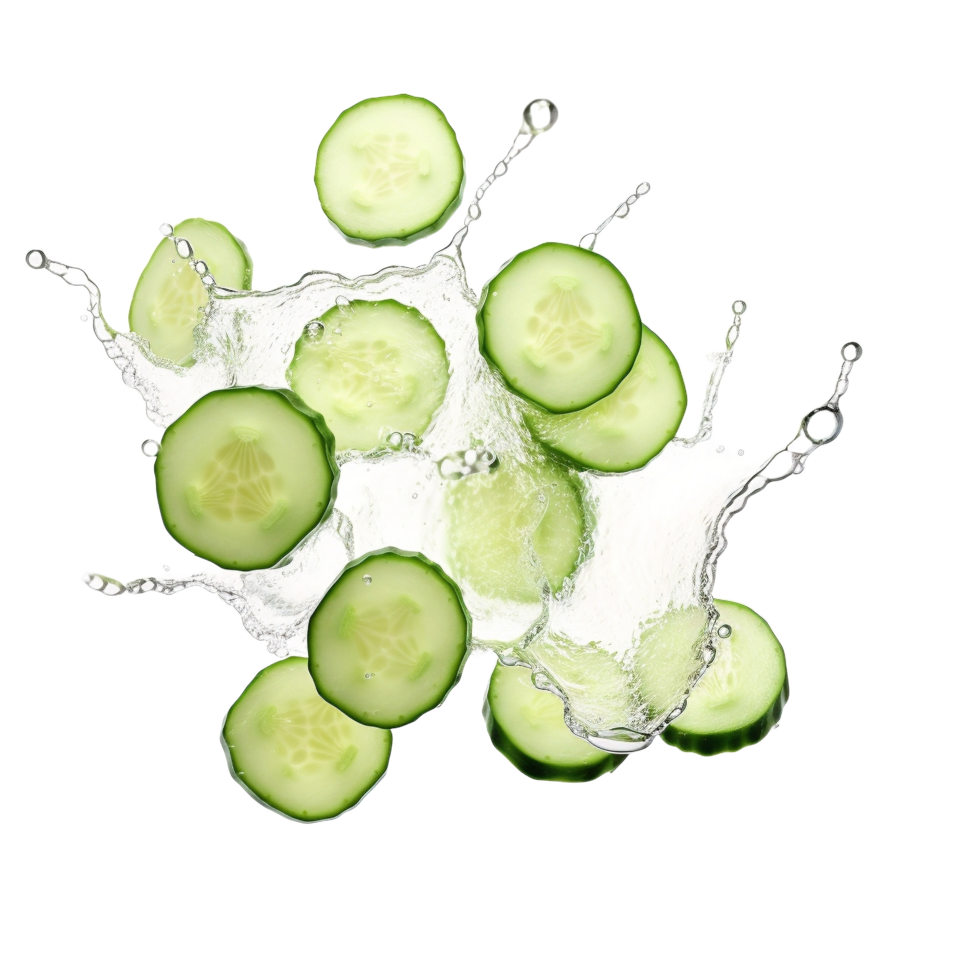 ai gegenereerd komkommer plakjes in water plons Aan een transparant achtergrond png