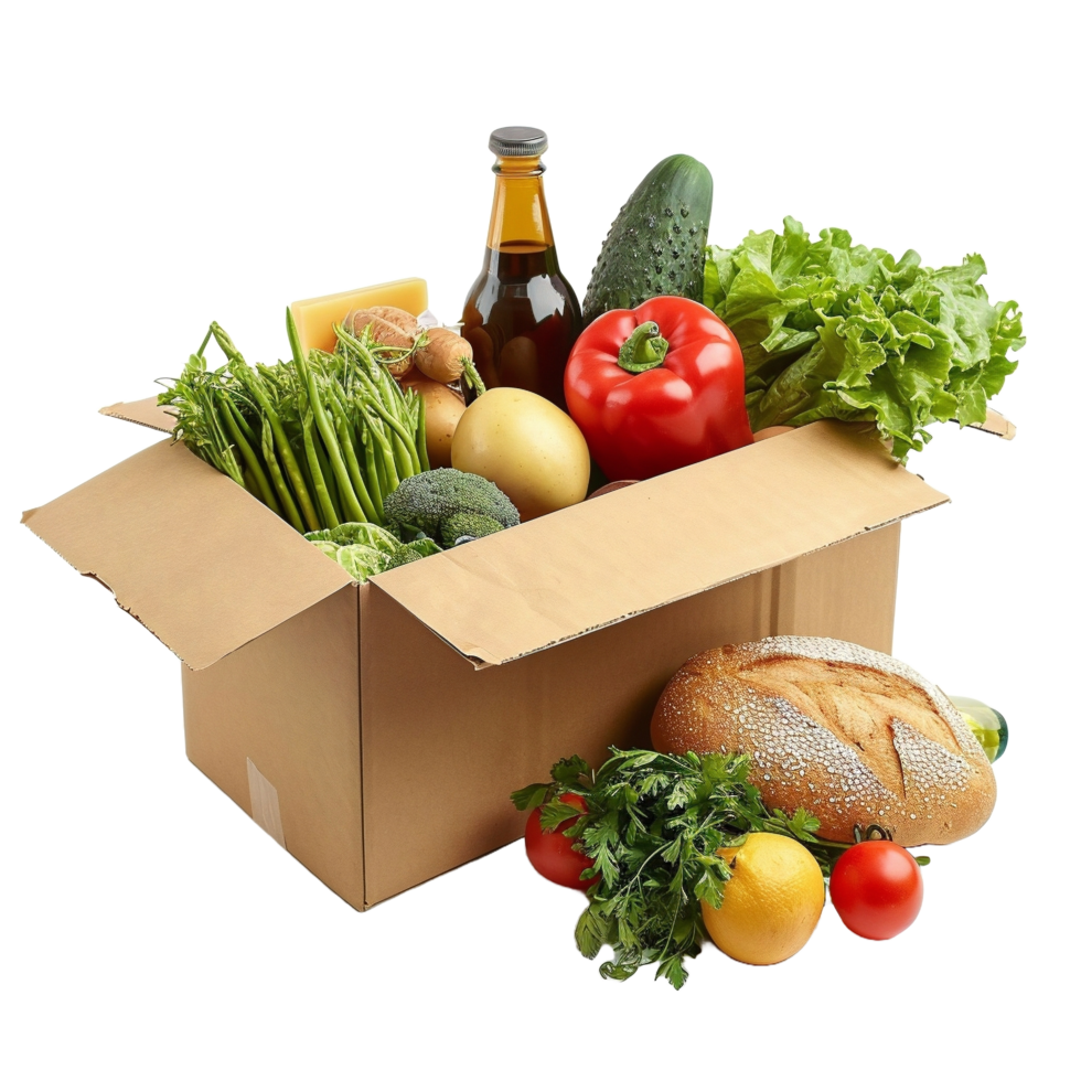 ai generado un cartulina caja lleno con vegetales y frutas png