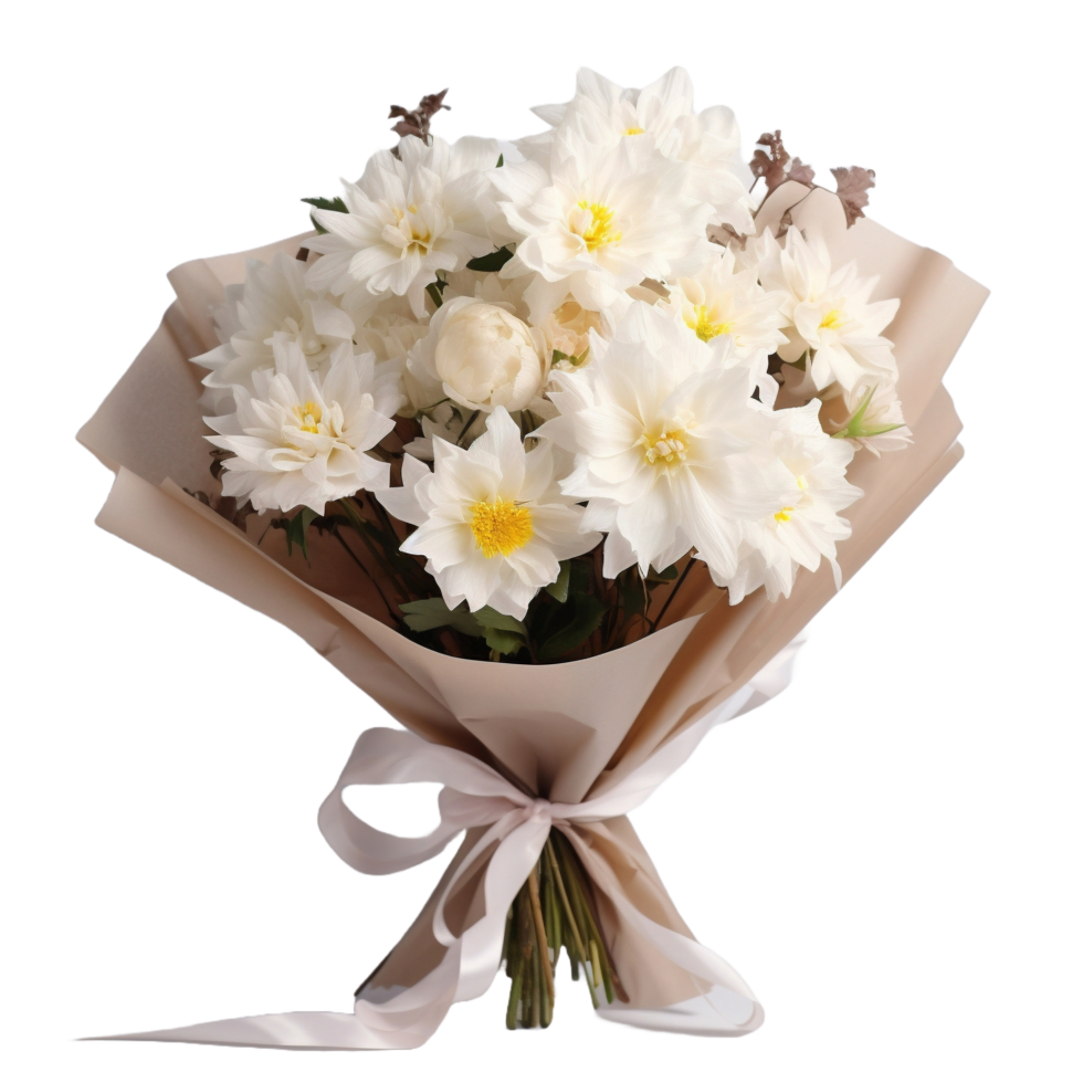 AI generated bouquet of flowers with pink ribbon on transparent background png