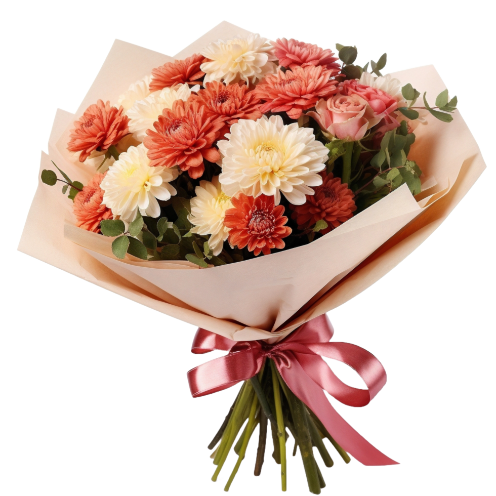 AI generated bouquet of flowers with pink ribbon on transparent background png