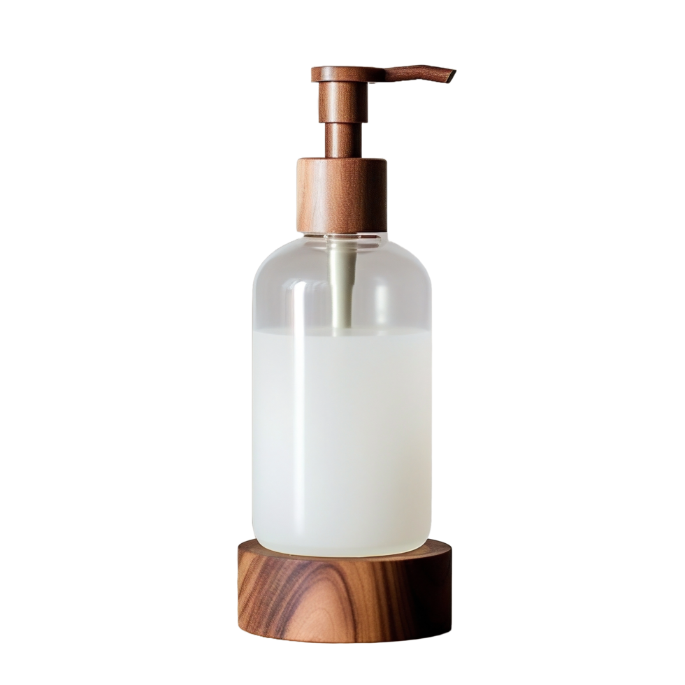 AI generated a bottle of liquid soap with a wooden cap on it png