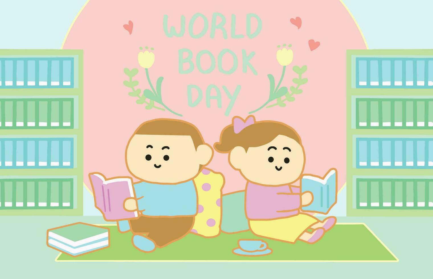 Pareja contento a leyendo en biblioteca. dibujos animados estilo. vector