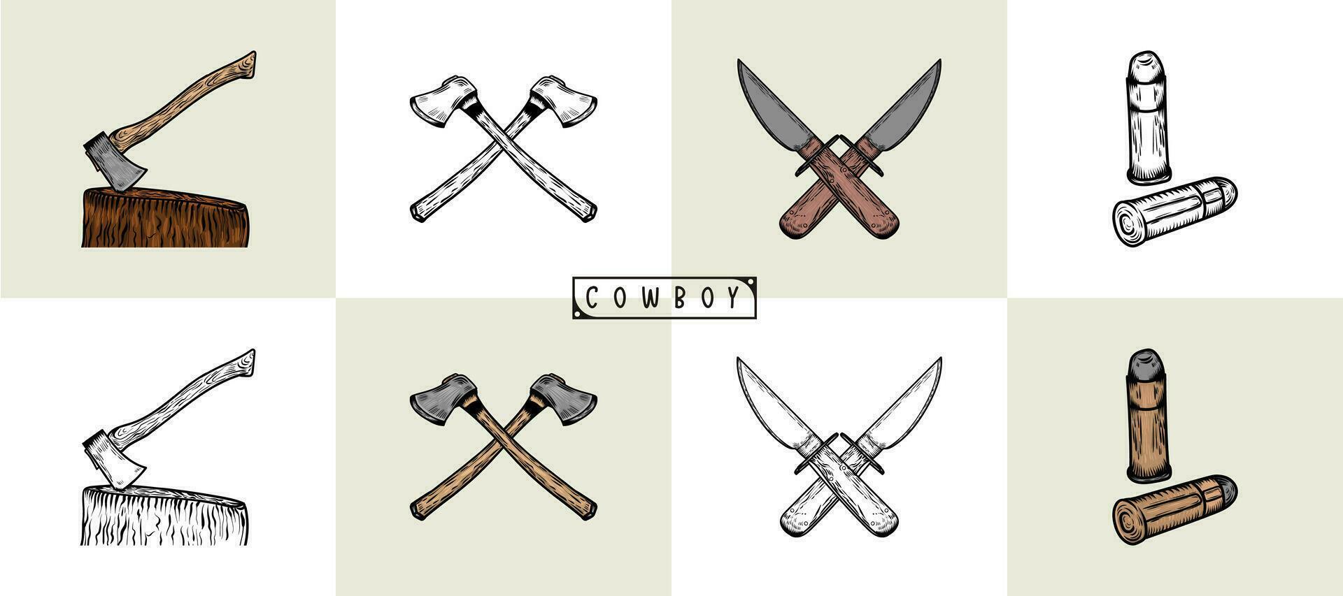Set of cowboy design elements with axe, bullet, and knife. Various objects. Cowboy theme. Hand-drawn colored Vector set.