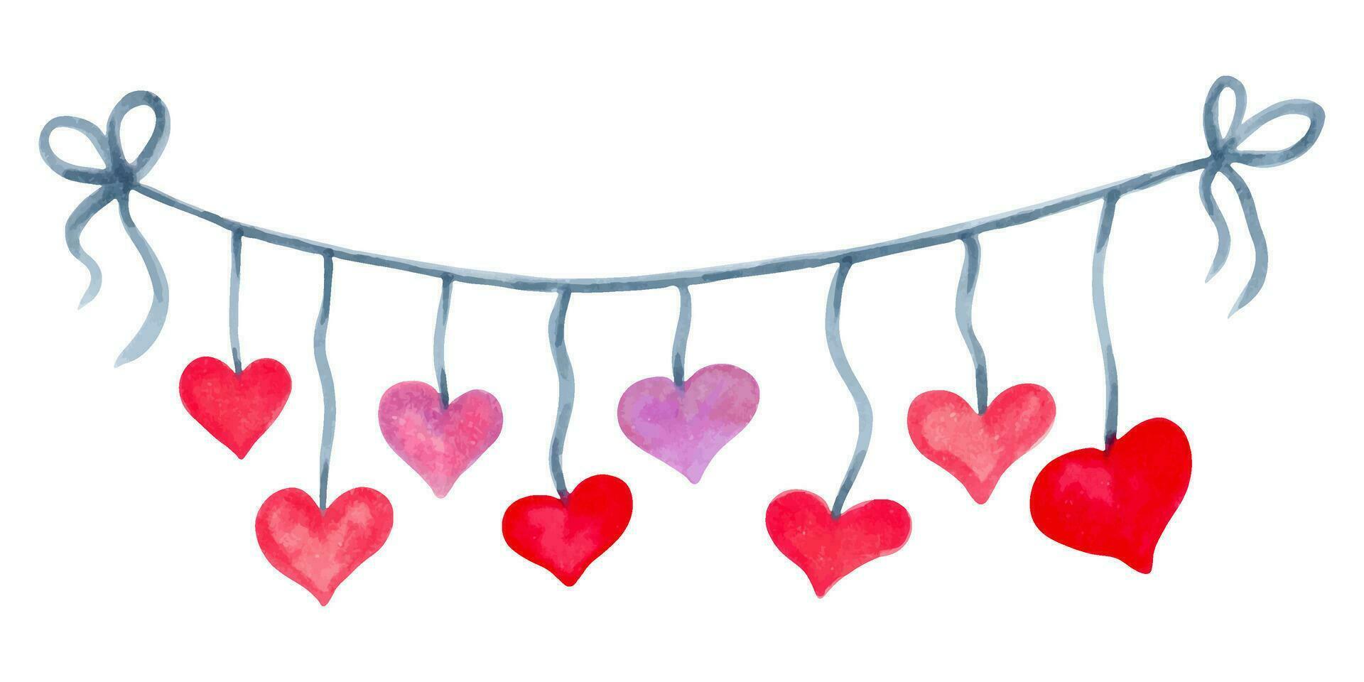 Holiday ribbon with red and pink hearts. Garland for Valentine's day, mother's day for friends and girlfriends. Marker and watercolor illustration. For parties and holidays. Hand drawn art. vector