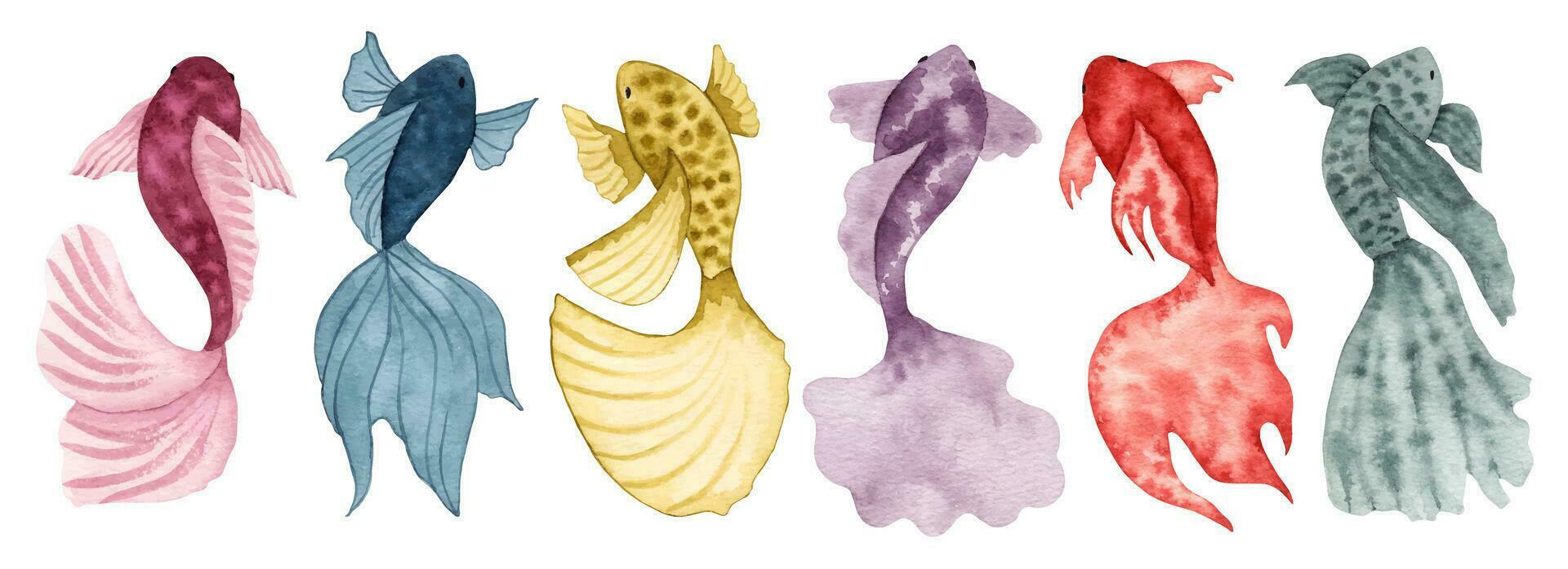 Collection of watercolor fish.Simple, stylized style.Solid color sea animals.Underwater world of marine wildlife for clipart.Ocean and sea.Hand drawn illustration. vector