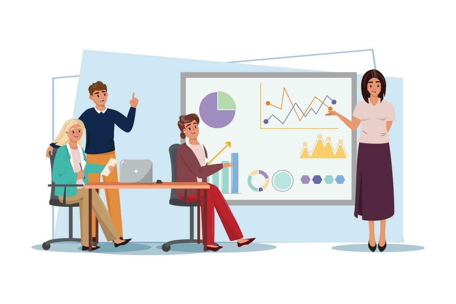 Woman at the white board giving a presentation of business growth, datas, market research and analysis. Vector business illustration.